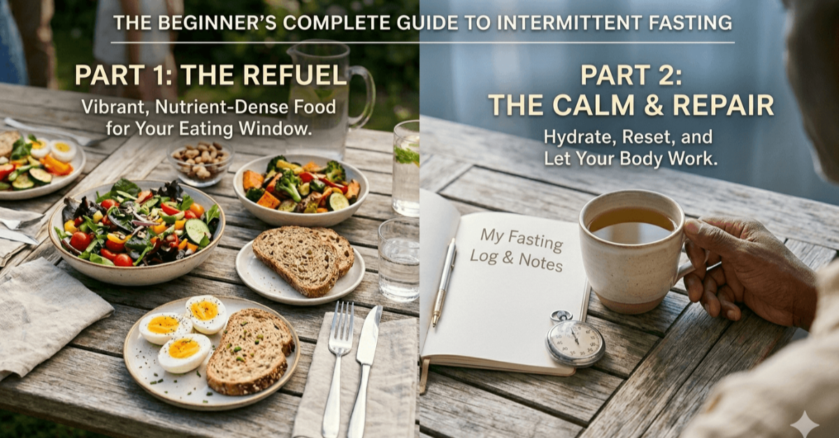 Healthy meal on a table with a clock representing fasting