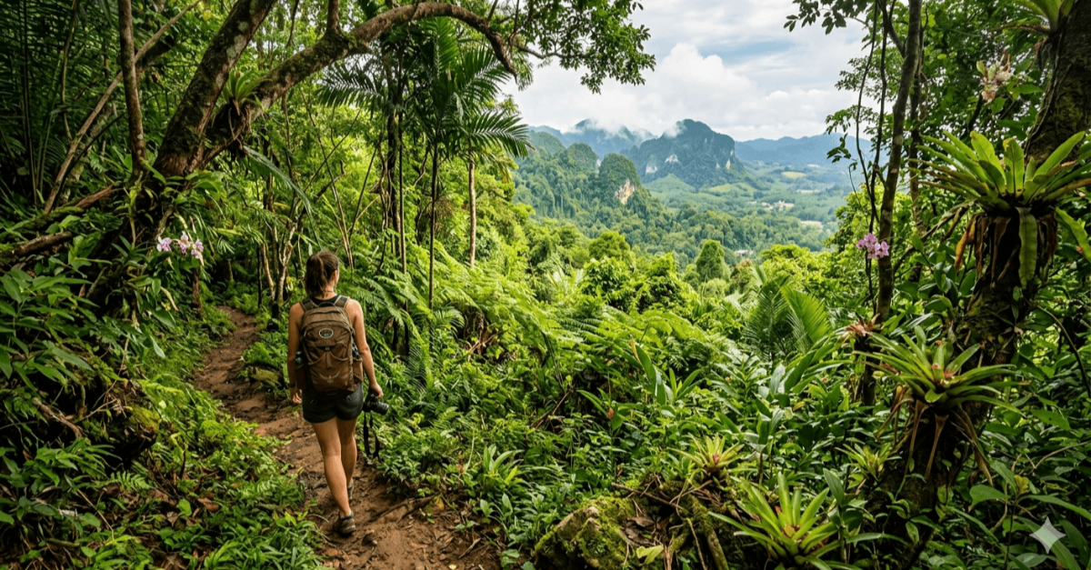 Temple in Southeast Asia surrounded by tropical greenery
